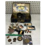 Cigar Tin Full of Pins, Badge & More