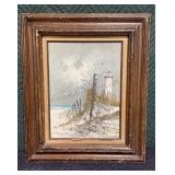 Signed Beach Lighthouse Painting on Canvas 20x24