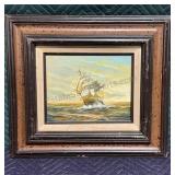 Signed Clipper Ship Ocean-scape On Canvas 16x18