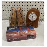 Clock, book ends, and candle holders