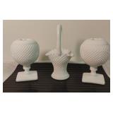 Pair of Milk Glass Ivy Ball Vases & Basket