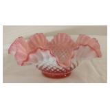 Fenton Pink Hobnail Ruffled Bowl