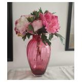 Tiffany Co Cranberry Color Vase W/ Faux Flowers
