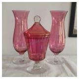 Cranberry Flash Glass Vases & Candy DIsh
