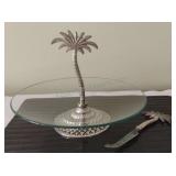Palm Tree Glass Serving Stand w/Knife