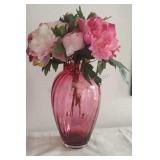 Tiffany Co Cranberry Color Vase W/ Faux Flowers