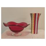 Red Glass Pedestal Bowl and Vase