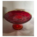 Mid Century Ruby Red Glass Amber Rim Pedestal