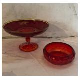 Mid Century Ruby Red Glass Amber Rim Pedestal