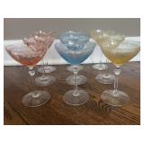 9 Colored, Floral-Etched Champagne Glasses