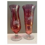 Cranberry Etched Glass Hurricane Candle Holders