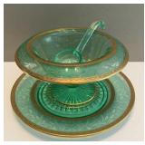 Etched Green Uranium Glass mayo or condiment Set