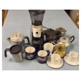 Group of Mugs, coffee makers & bean grinder
