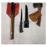 Folding trench shovel, vintage hatchet & more