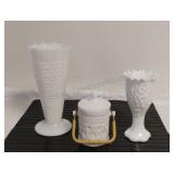Milk Glass Vases and Handled Jar