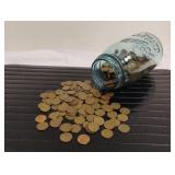 Blue Ball Mason Jar w/Wheat/Assorted Pennies