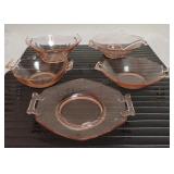 Pink Depression Glass Handled Bowls and Plate