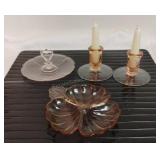 Pink Depression Glass -Candlestick has crack on in