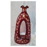 Bohemian loop vase. Ruby red etched  with
