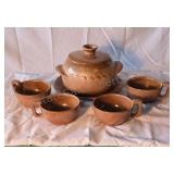 Frankoma soup tureen on tray and 4 bowls.