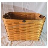Peterboro basket with leather handles. 11x20x19ï¿½.