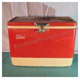 Vintage red Coleman metal cooler. 13x18x11. Some