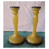 Art Deco yellow glass candle holders with black