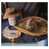 Mexican hat, felt hat and wine bladder.