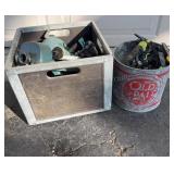Metal Pail & Crate of Sprinklers