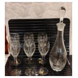 Etched Decanter Bottle w/6 Matching Wine Glasses