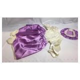 Purple dress size 28, blue outfit size 18, peach