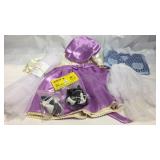 18 inch blue outfit, 28 inch purple dress,