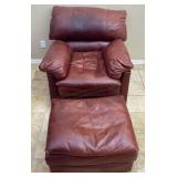 Over Stuffed Red Leather Easy Chair & Ottoman