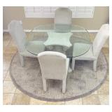 Glass Top Dining Room Table, 4 Fabric Chairs & Rug