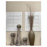 3pc Ceramic Pillar Candle Holders, Vase W/ Reeds