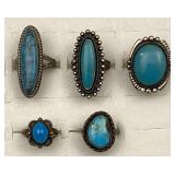 5pc Turquoise Cabochon Sterling Silver Rings