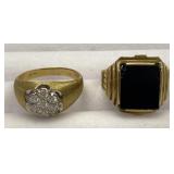 2pc 10K Gold Onyx, Rhinestone Cluster Rings