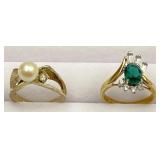 2pc 14K Gold Pearl, Rhinestone Rings