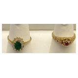 2pc 14K Diamond, Emerald, Garnet Rings