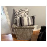 Grey wicker hamper, throw pillows (2), comforter
