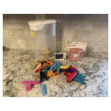Storage container, clips, sippy cup, thermometer