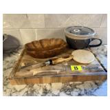 Cutting board, wood bowl, spreading knife, soup