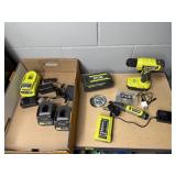 Mixed lot of Ryobi cordless drill, chargers, tools