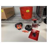 Bucket, assorted drill bits, hardware,