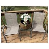 Outdoor furniture chairs, end table, flower pot