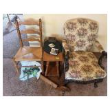 Chairs, decorative shelves, end table, coasters