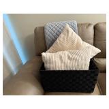 Basket, throw pillows, blanket