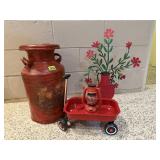 Milk can, toy wagon, lantern, metal floral art