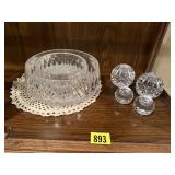 Crystal bowls (2), candlesticks, 2 pairs