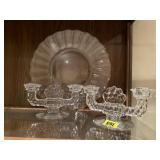 Fostoria crystal candlesticks (2), platter
